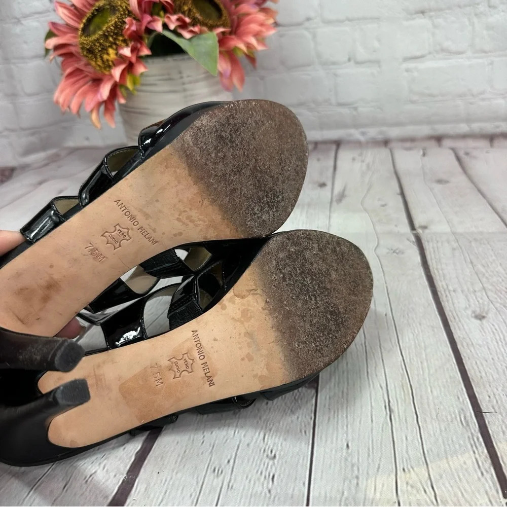 antonio melani black sling back leather heels with rose flower on toe sz 7.5 - Picture 6 of 8